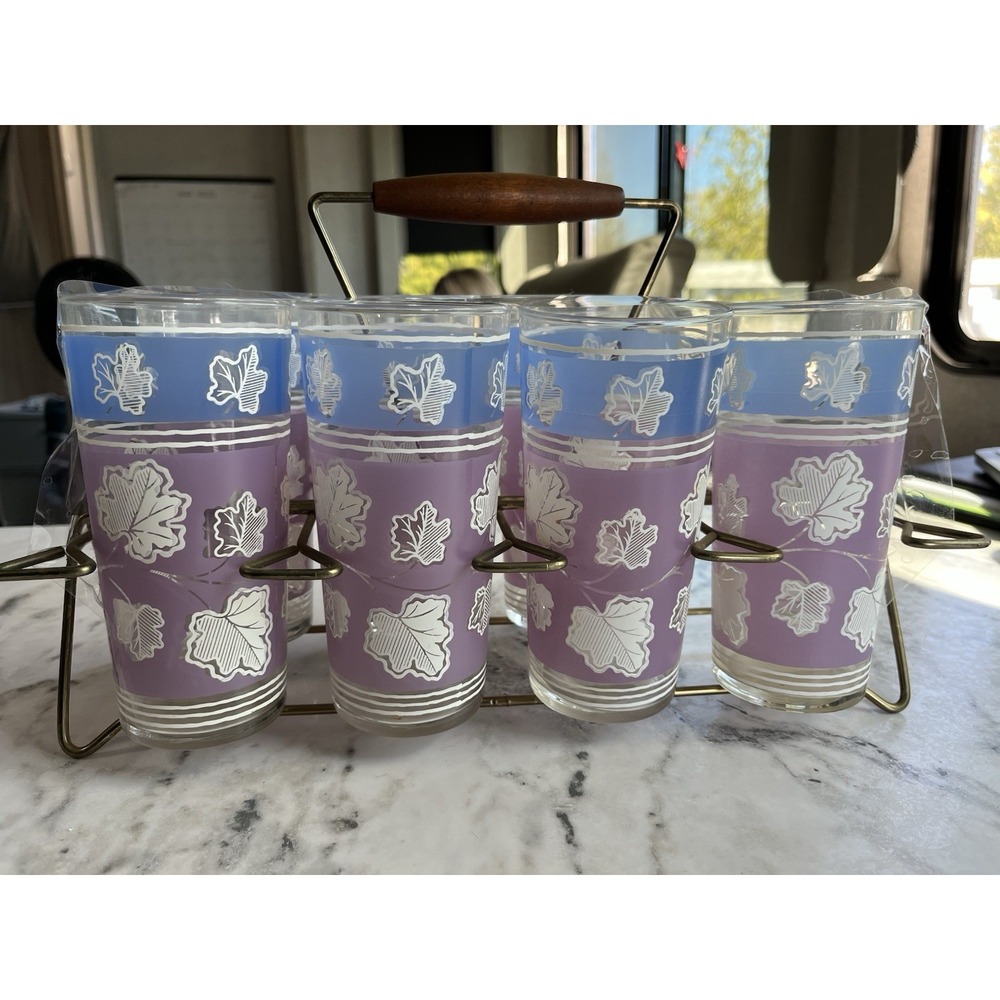 7-Libbey Glasses In Brass Drink Caddy MCM Mid Century Modern Purple Blue